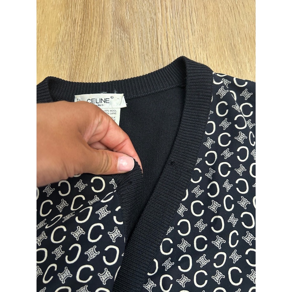 Celine Paris Vintage Black Wool Silk Triomphe Monogram Cardigan Sweater 42 - Picture 4 of 6